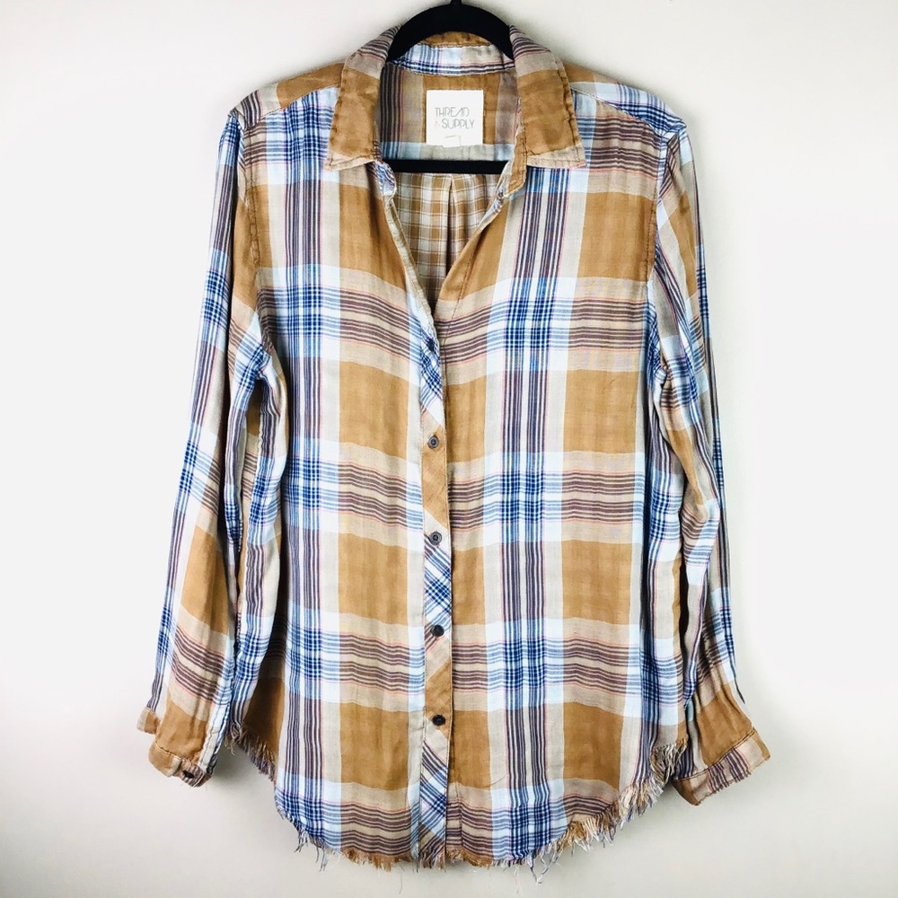 Thread & Supply (Anthro) Raw Hem Plaid Shirt L